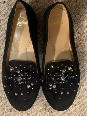 Christian Louboutin Black Suede Embellished Loafers women’s 37.5